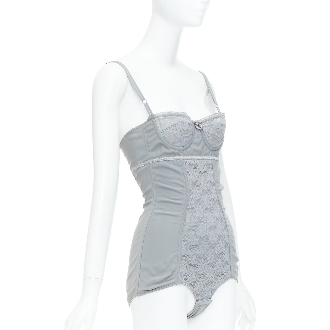 DOLCE GABBANA Vintage grey bow lace fitted boned bustier bodysuit top IT38 XS