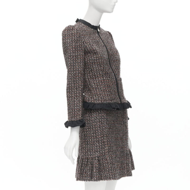 RED VALENTINO red grey wool tweed black ruffle trim jacket skirt set
