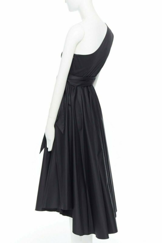 TIBI black cotton fit flare dress one shoulder asymmetrical pleat skirt US0 XS