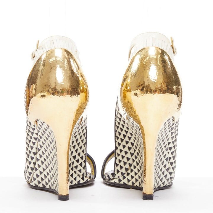 SERGIO ROSSI gold cap heel geometric yellow black wedge sandals EU36