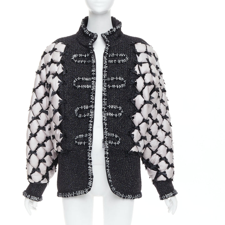 rare CHANEL 15A Runway black tweed white quilted tromp loeil ribbon  jacket FR50