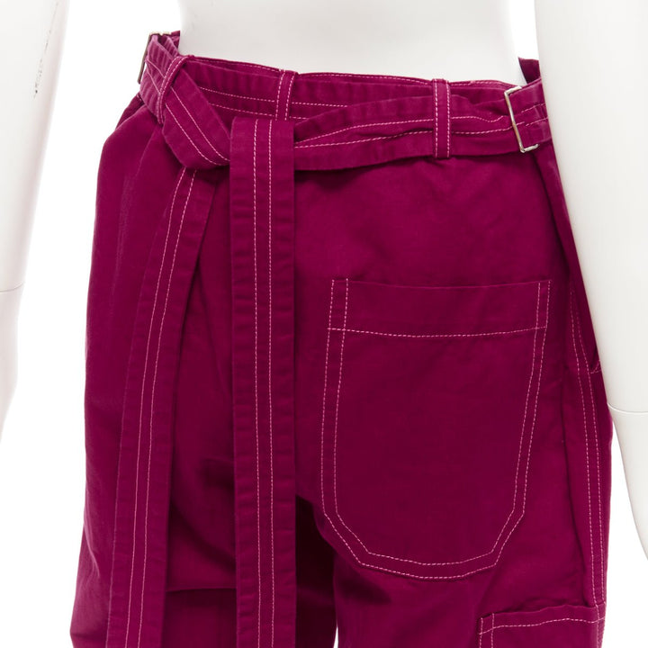 MARNI burgundy cotton linen topstitch belt waist wide leg pants IT38 XS