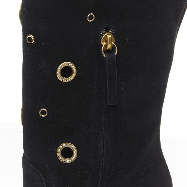GIUSEPPE ZANOTTI black suede gold crystal eyelet high heel tall boots EU37