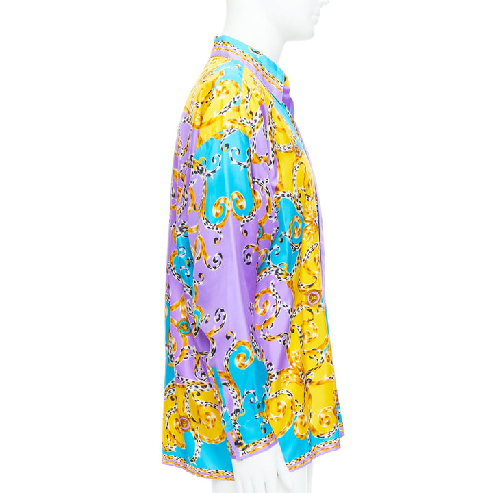 GIANNI VERSACE 1995 Vitnage 100% silk purple yellow leopard barocco shirt IT48 M