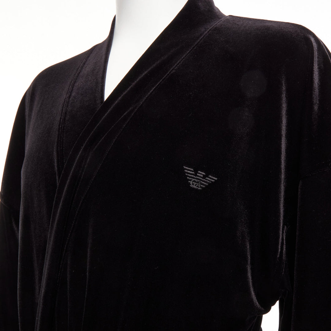EMPORIO ARMANI black velvet GA embroidered logo belted robe jacket M