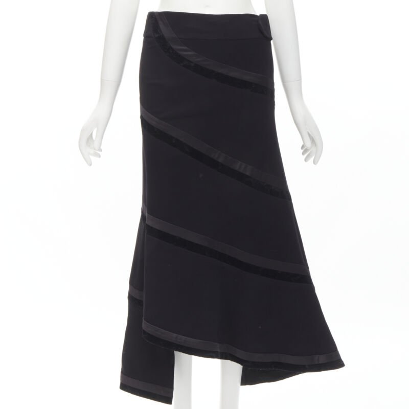 RHIE black velvet spiral trim flared midi skirt US4 S