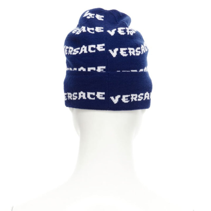 VERSACE 100% wool black white logo monogram beanie hat