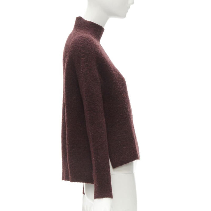 THEORY dark red wool blend fuzzy stand collar step hem sweater XS