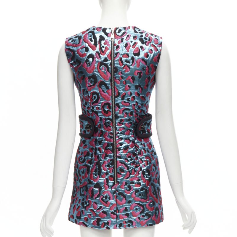 LOUIS VUITTON 2022 metallic blue pink leopard jacquard strap belt dress FR34 XS