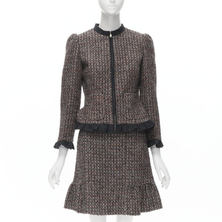 RED VALENTINO red grey wool tweed black ruffle trim jacket skirt set