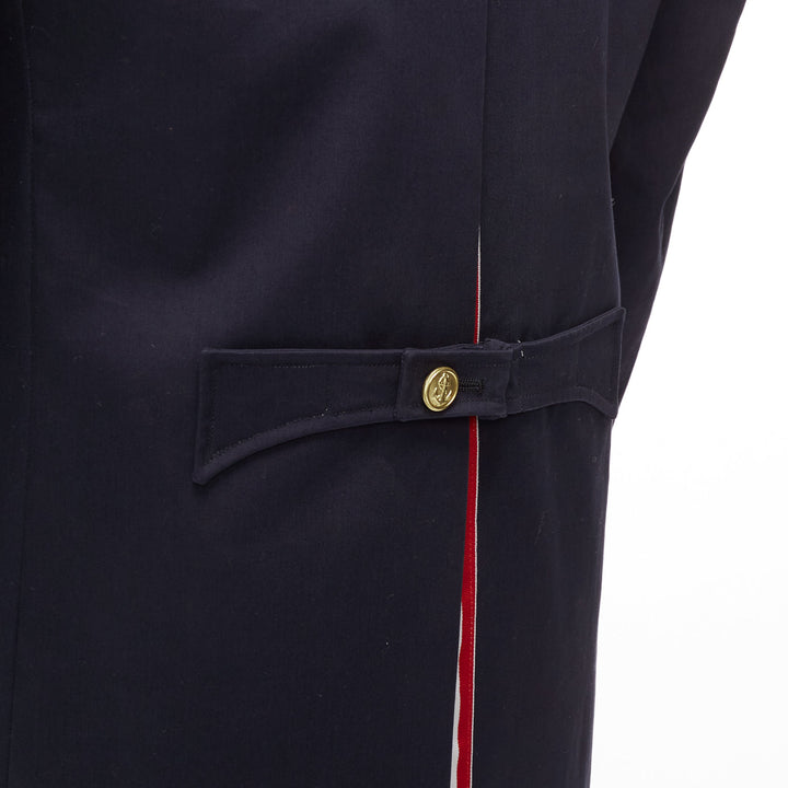 THOM BROWNE 2008 navy gold anchor button loop through boxy longline coat Sz.3 L