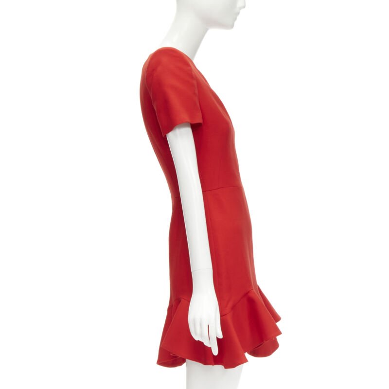 ALEXANDER MCQUEEN red wool crepe tulip neck flutter hem dress IT38 XS