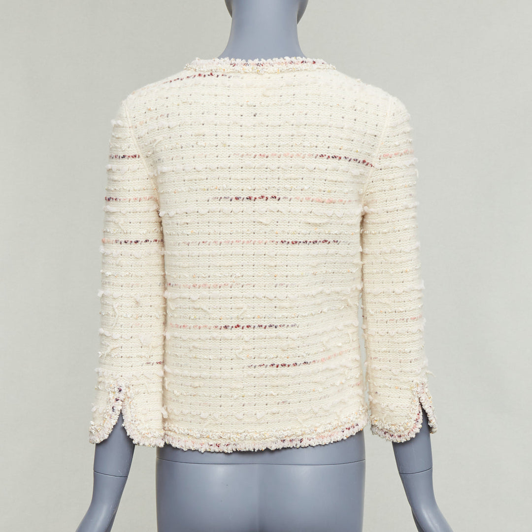 CHANEL 05A cream pink wool boucle tweed gold CC buttons cardigan FR38 M