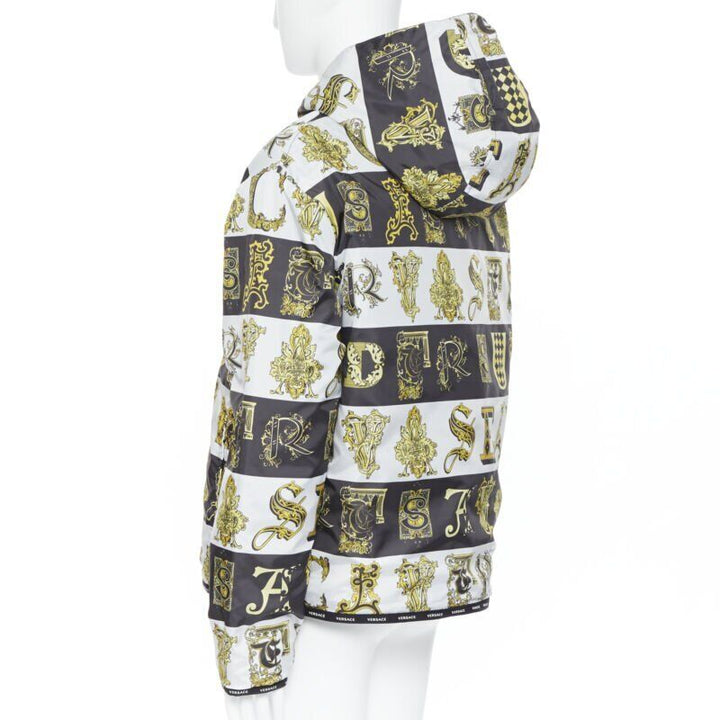 VERSACE Reversible Baroque Alphabet black gold print quilted jacket IT54 2XL