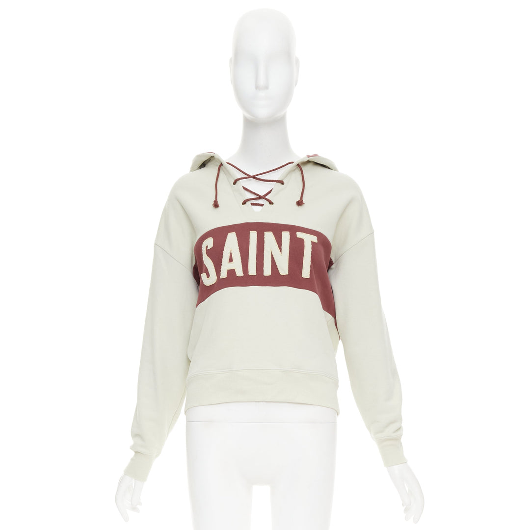 SAINT LAURENT 2022 taupe red logo applique drawstring crop hoodie XS