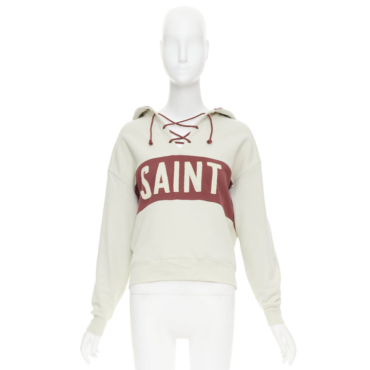 SAINT LAURENT 2022 taupe red logo applique drawstring crop hoodie XS