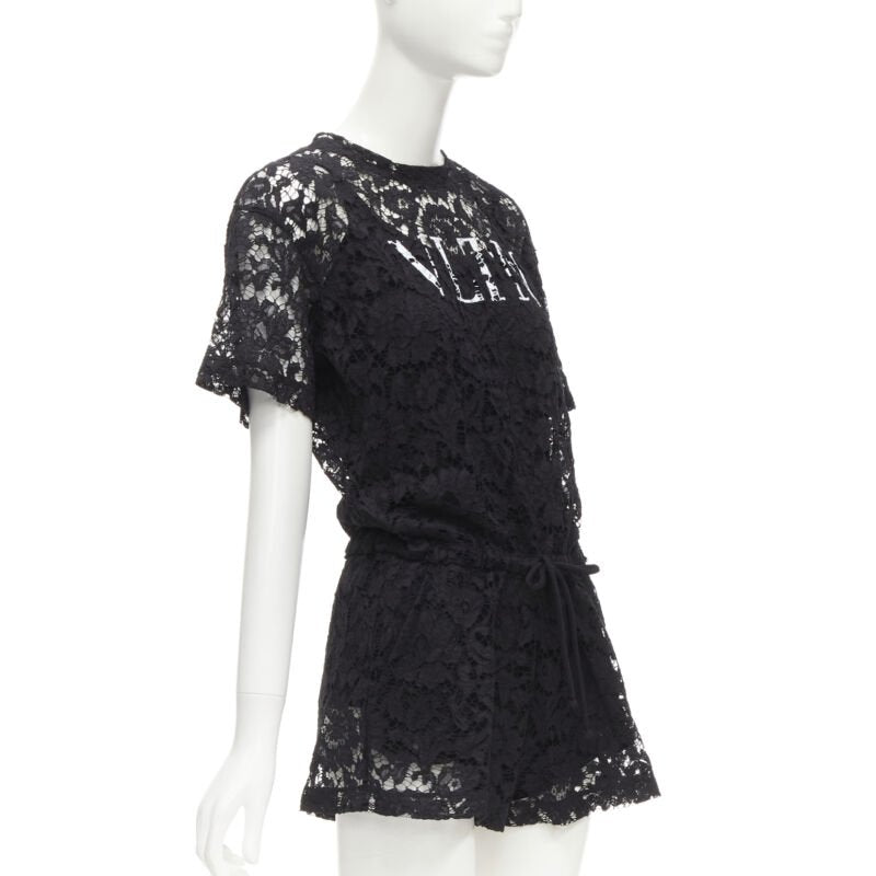 VALENTINO VLTN logo black lace white full floral lace playsuit romper XS
