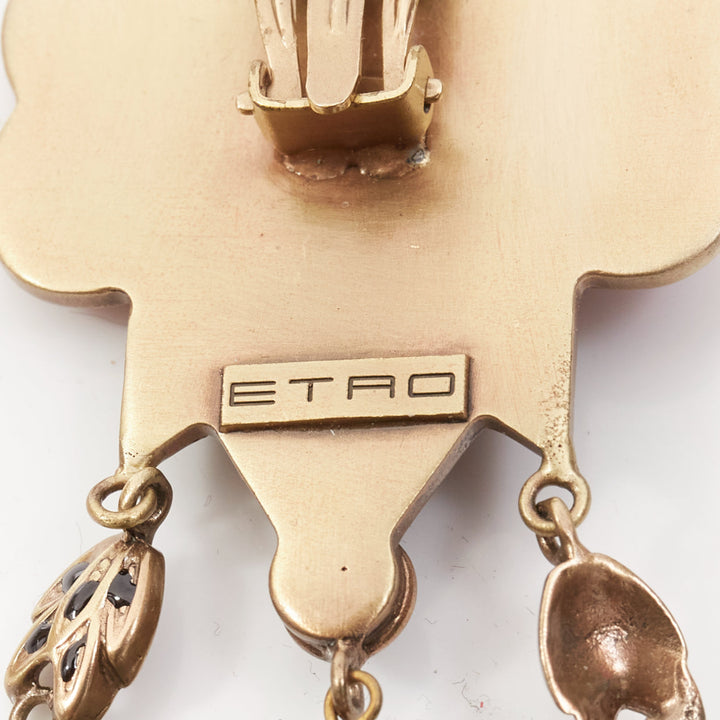 ETRO red blue enamel flower drop stone gold drop clip on earrings pair