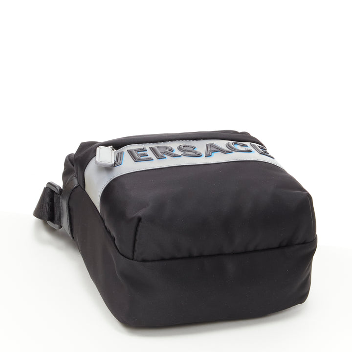 VERSACE reflective logo black nylon Greca strap crossbody messenger bag