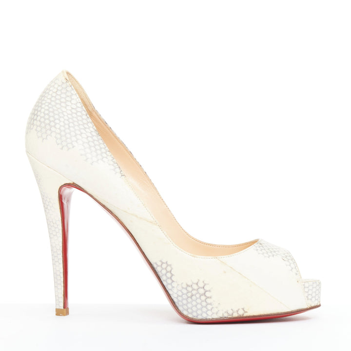 CHRISTIAN LOUBOUTIN Very Prive ivory scaled leather peep platform pumps EU37.5