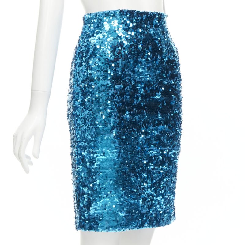 ALICE OLIVIA blue bling sequins side zip disco party pencil skirt US0 XS