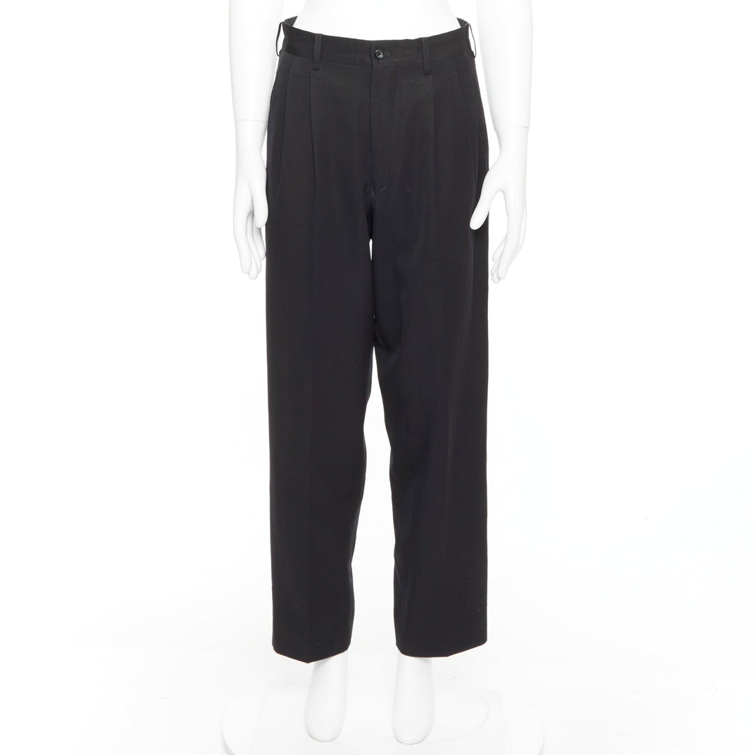 YOHJI YAMAMOTO navy 100% wool pleated front tapered wide trouser pants S