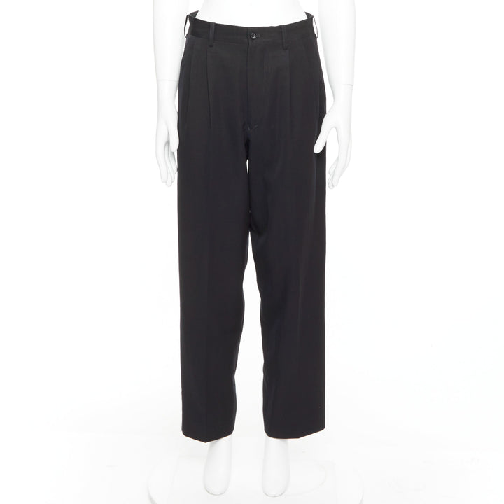 YOHJI YAMAMOTO navy 100% wool pleated front tapered wide trouser pants S