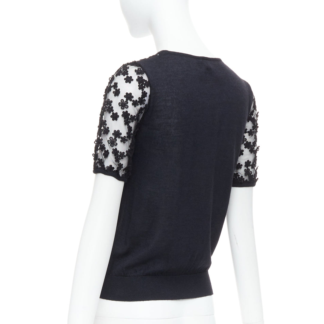 GIAMBATTISTA VALLI black cashmere silk floral sheer lace panel sweater IT38 XS