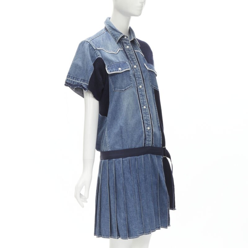 SACAI 2018 washed denim knit insert belted skirt dress JP3 L