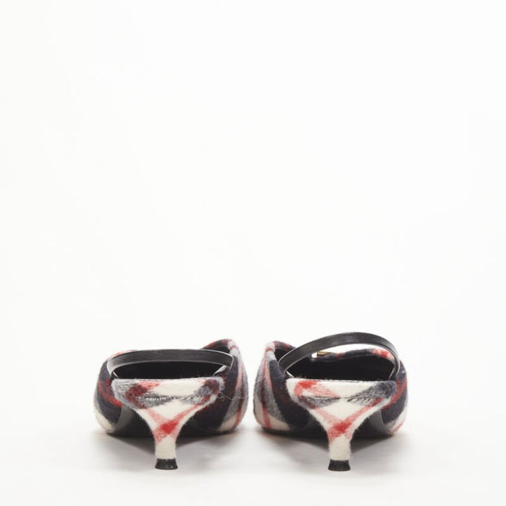 BALENCIAGA BB Knife gold logo red black plaid wool sling kitten pump EU38.5