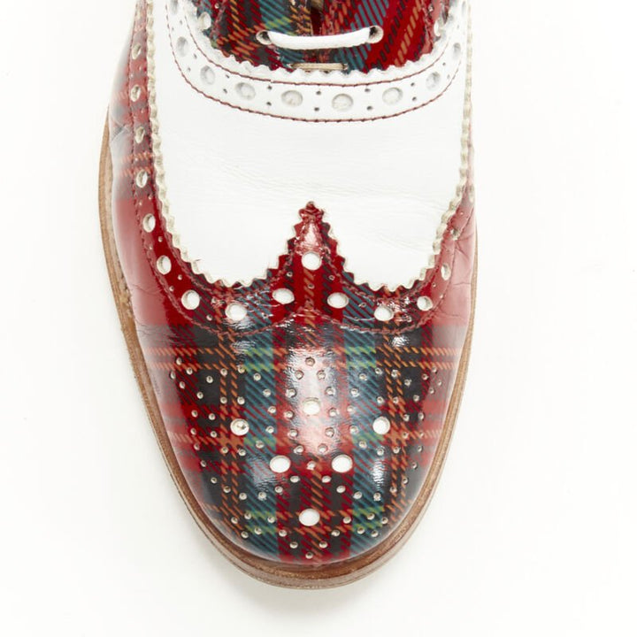 CHURCH'S Burwood red tartan patent white perforated leather brogue EU36.5