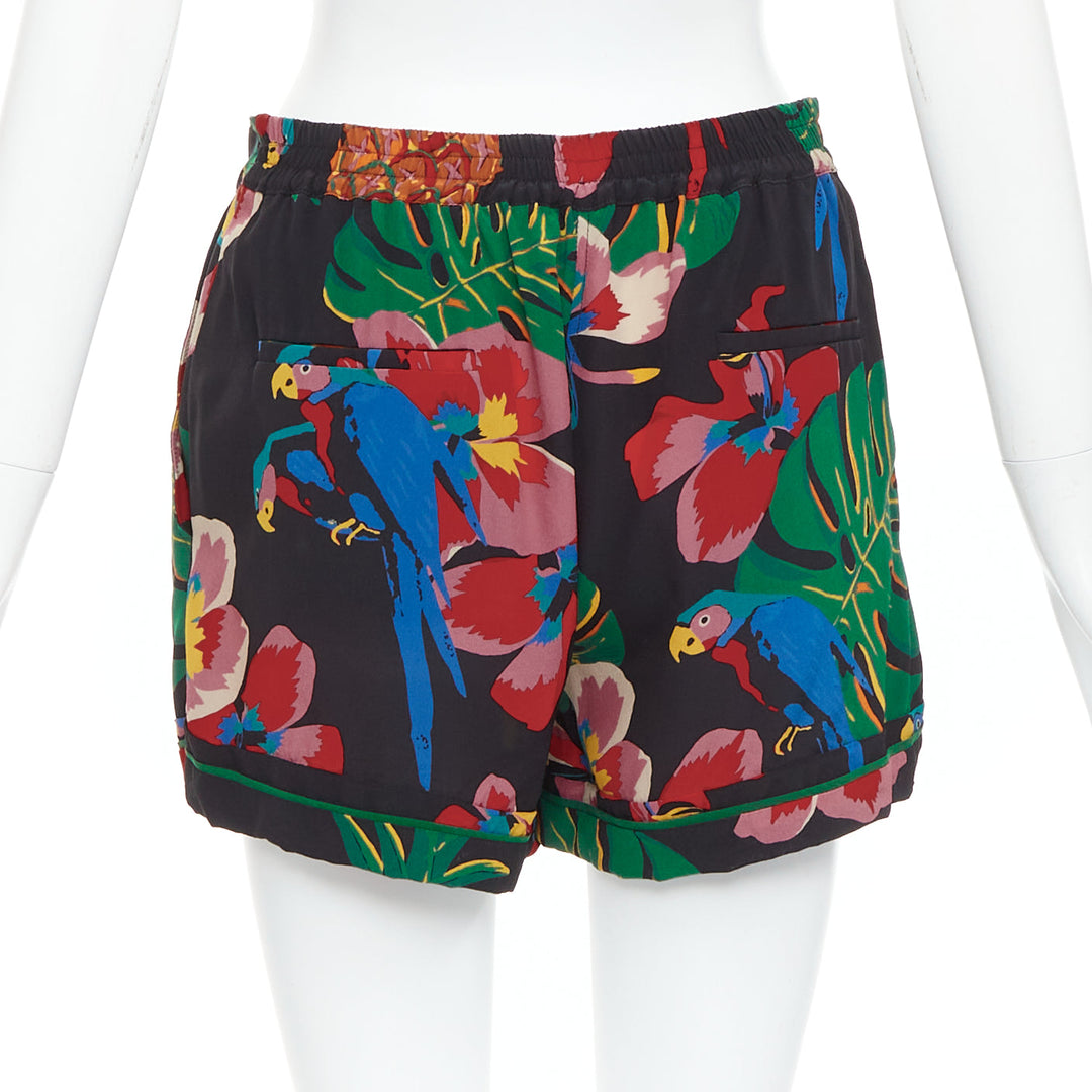 VALENTINO Hawaiian Couure 100% silk crepe parrot floral print high shorts S