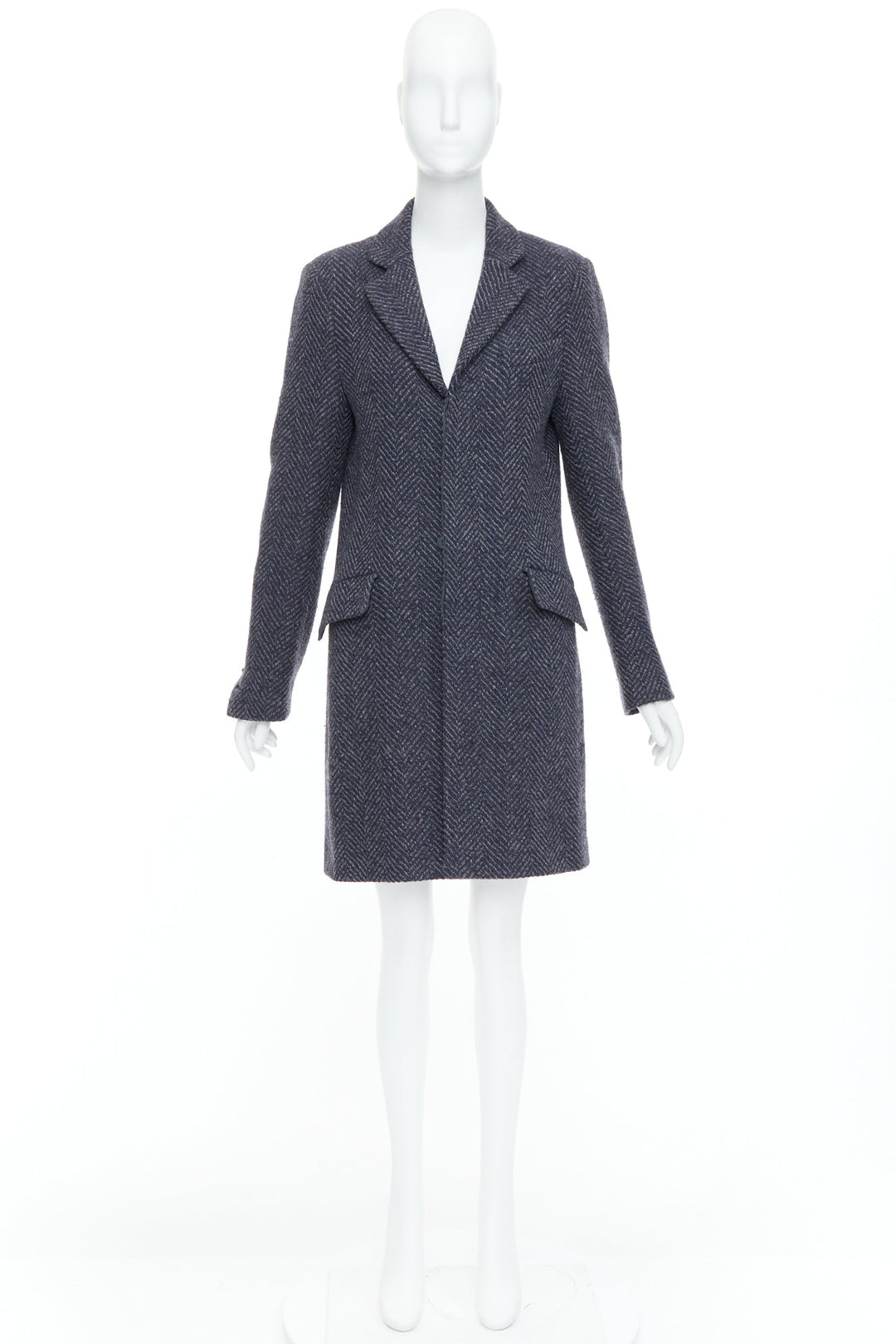 CHANEL Karl Lagerfeld 08A grey navy herringbone tweed long coat FR46 3XL