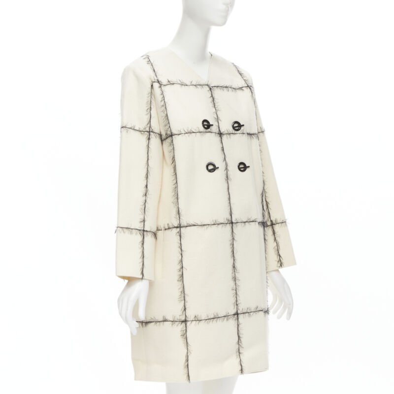 VERONIQUE LEROY cream wool frayed check toggle button double breasted coat FR36