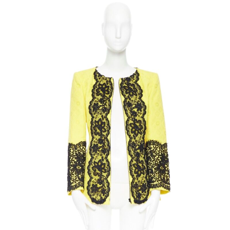 CHRISTIAN LACROIX yellow cotton floral jacquard black lace padded jacket FR40