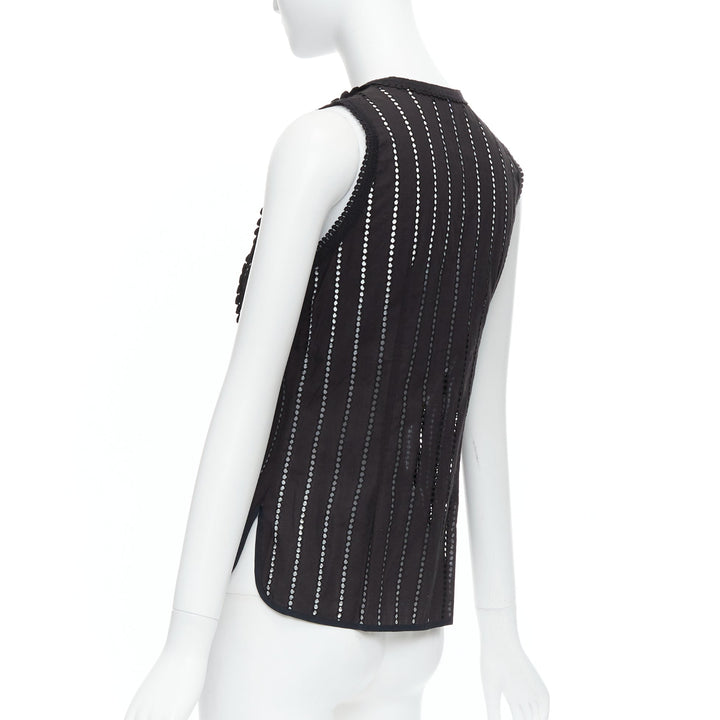 ANDREW GN black eyelet lace lattice geometric buttons sleeveless top FR38 M