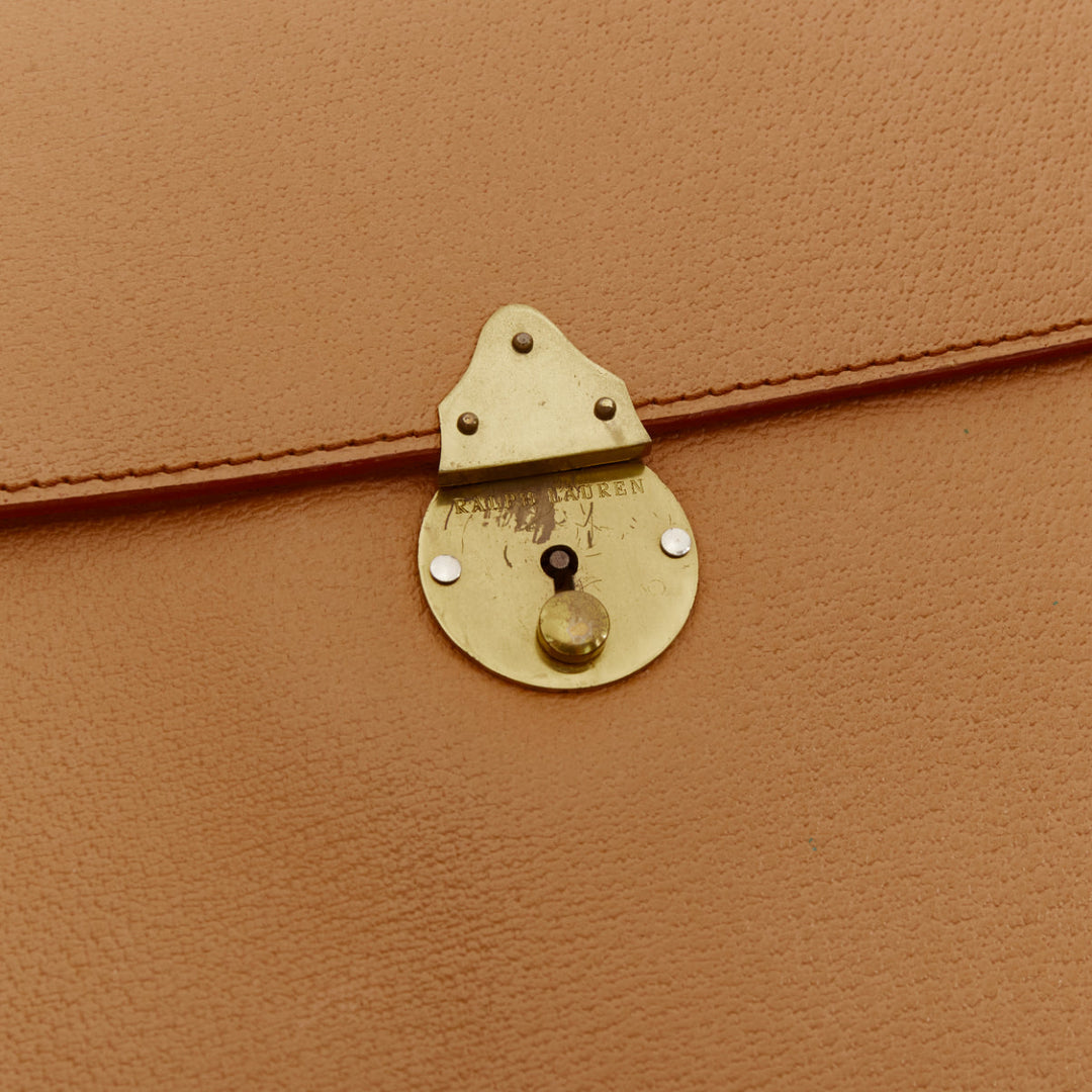 RALPH LAUREN tan textured leather gold logo push lock flap flat clutch bag