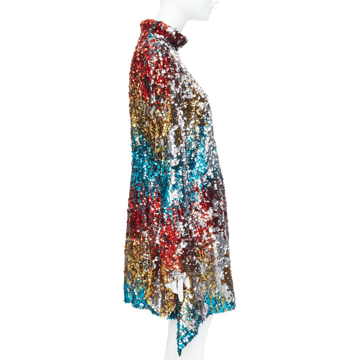 HALPERN A21D20J Flip Sequin multicolor flare drape hem mini dress FR42 XL