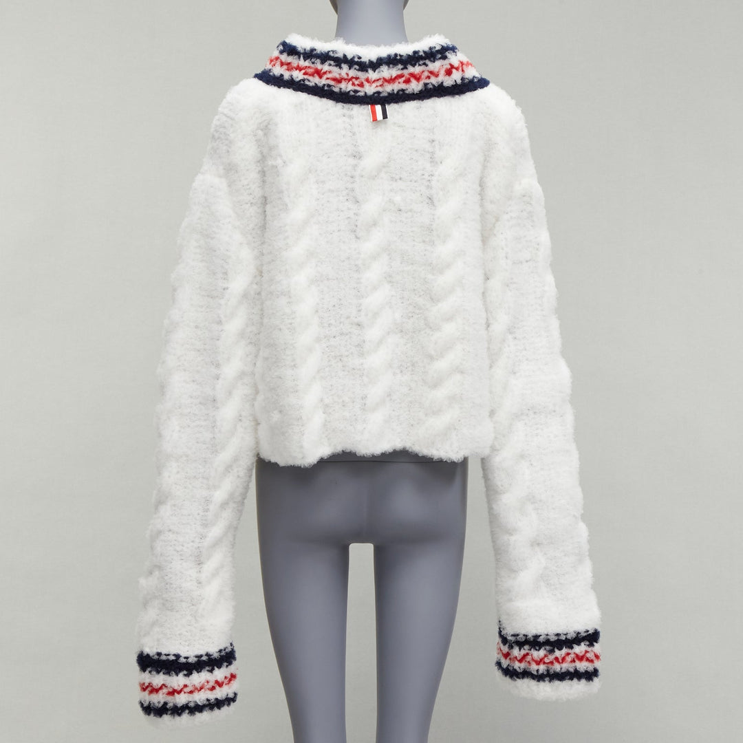 rare THOM BROWNE 2018 Runway hand knit tulle oversized varsity sweater IT36 XXS