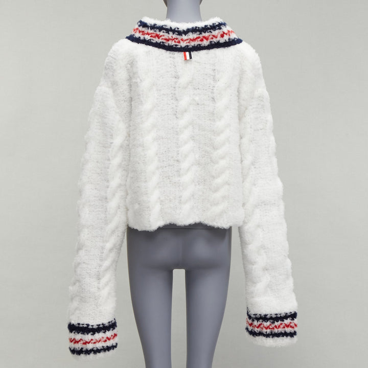 rare THOM BROWNE 2018 Runway hand knit tulle oversized varsity sweater IT36 XXS