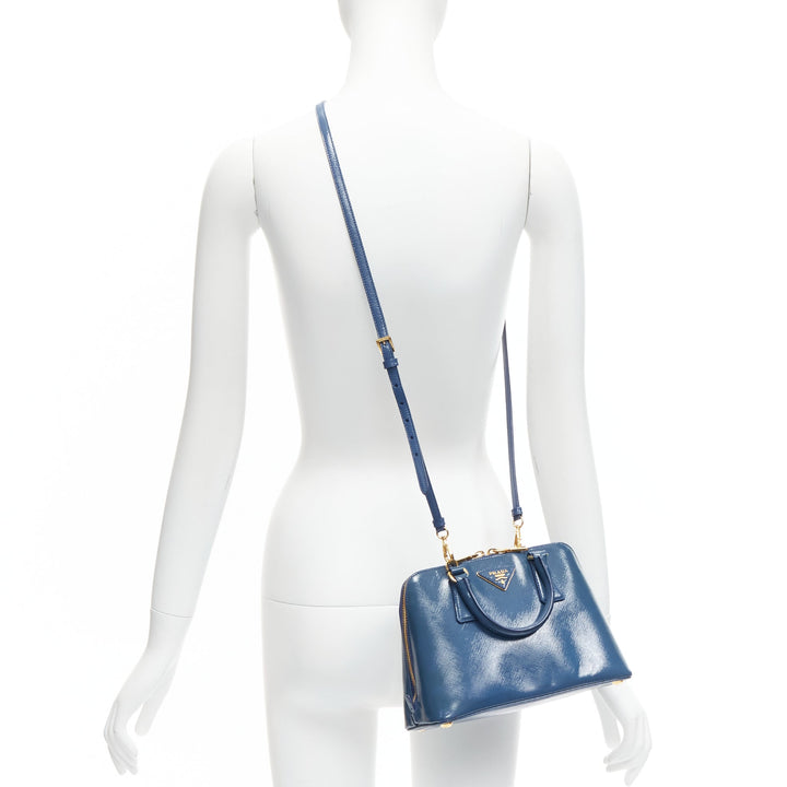 PRADA Promenade Vernice Saffiano blue leather triangle logo top handle tote bag
