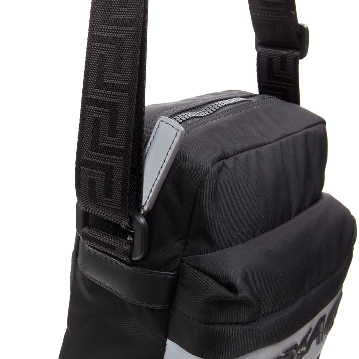 VERSACE reflective logo black nylon Greca strap crossbody messenger bag