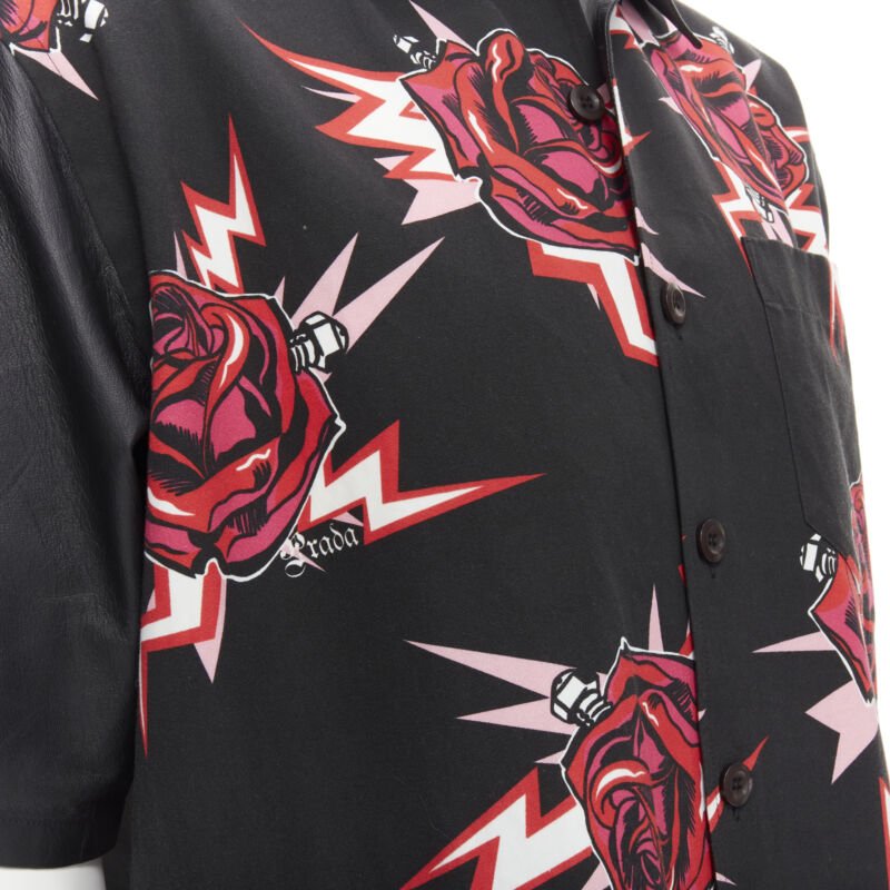 PRADA 2019 black red Rose Bolt cotton leather boxy bowling shirt EU48 M