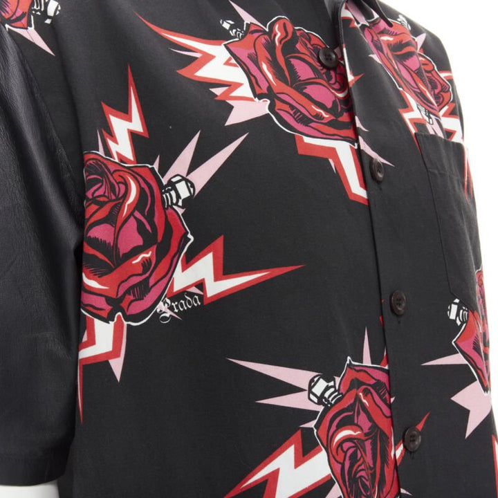 PRADA 2019 black red Rose Bolt cotton leather boxy bowling shirt EU48 M