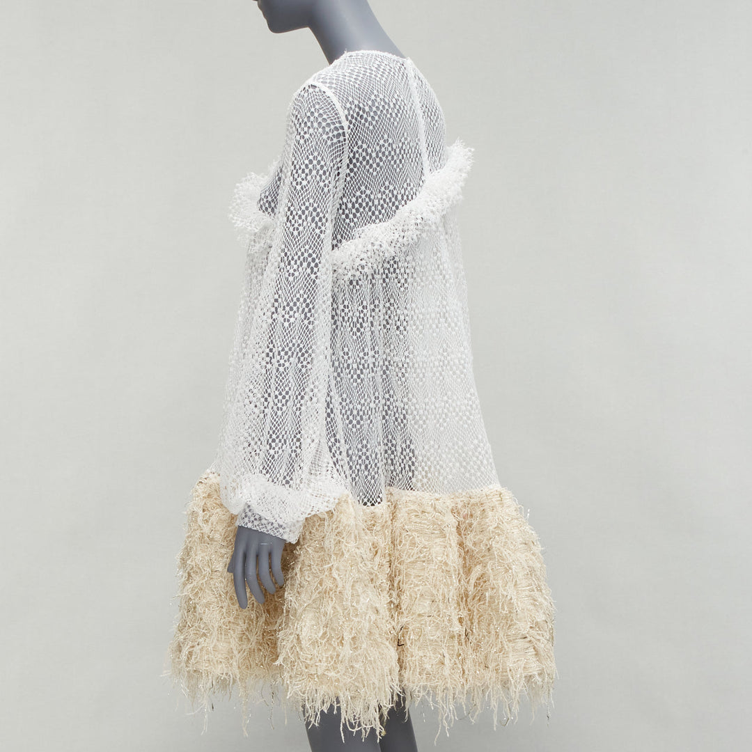 ANAIS JOURDEN 2018 Runway white net beige fringe skirt dress FR38 M