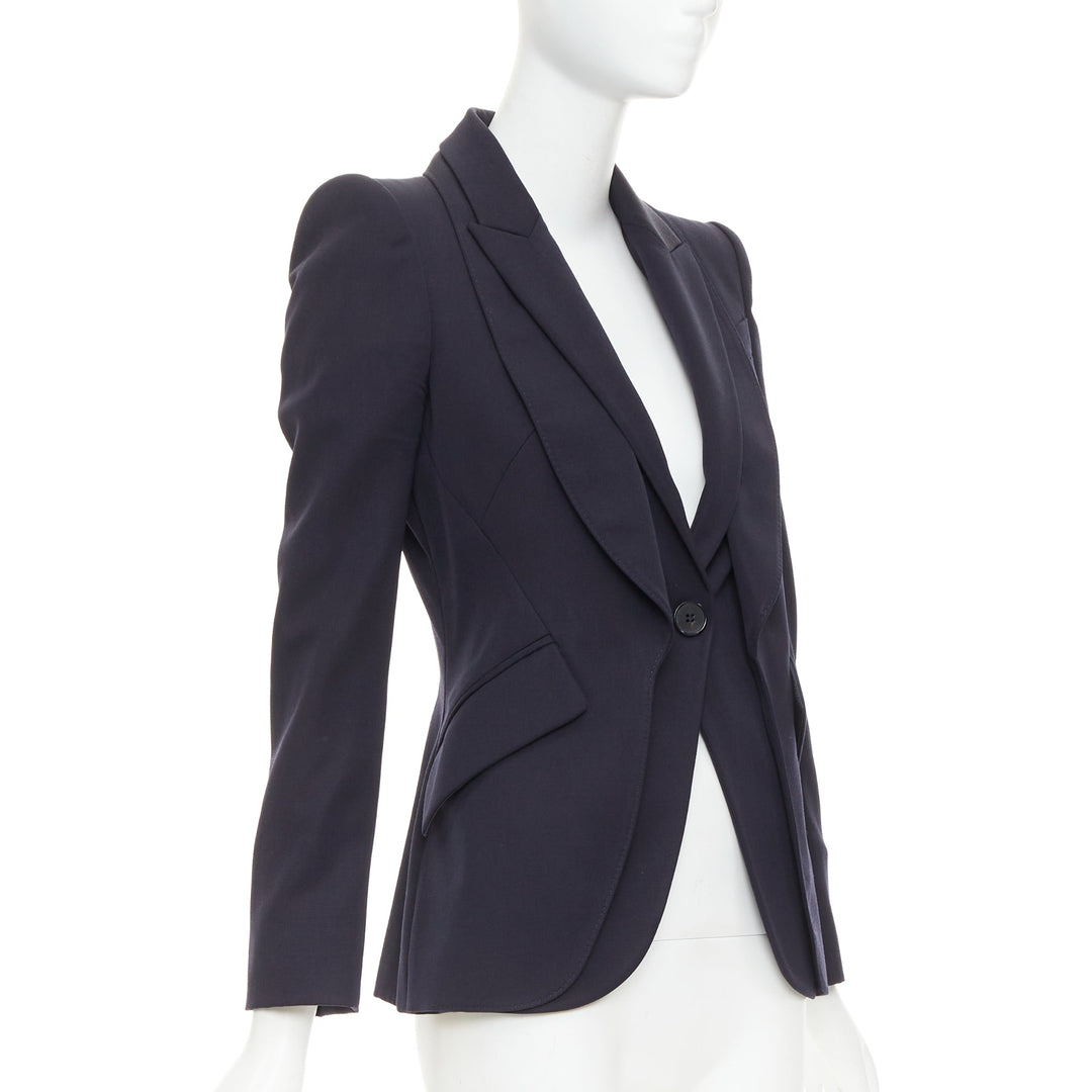 ALEXANDER MCQUEEN 2017 navy wool layered double collar blazer jacket IT38 XS