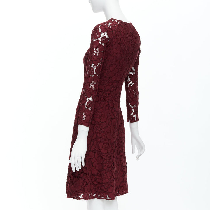 OSCAR DE LA RENTA 2016 burgundy lace sheer sleeves fit flare dressUS0 XS
