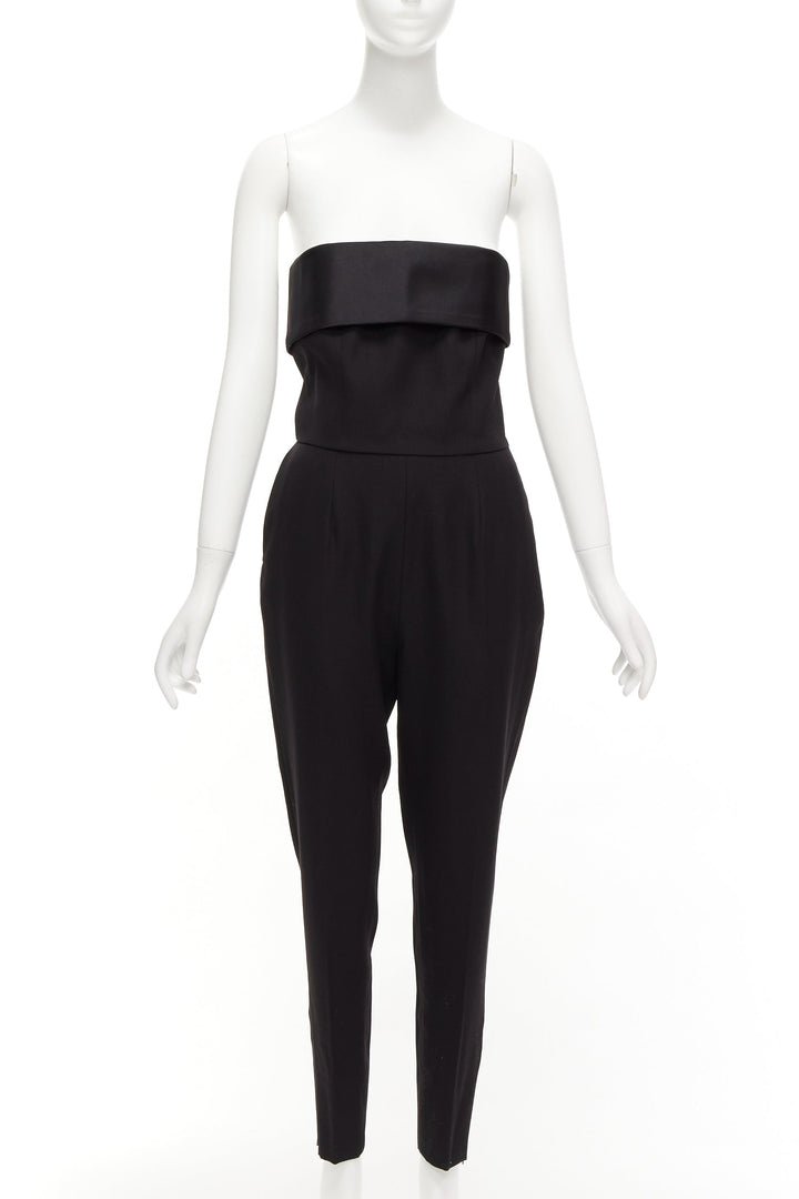 SAINT LAURENT 2014 black virgin wool silk strapless satin panel jumpsuit FR38 M