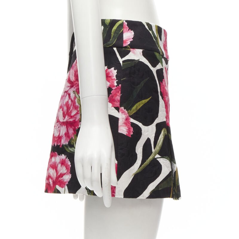 DOLCE GABBANA black pink carnation floral print jacquard mini skirt IT38 XS