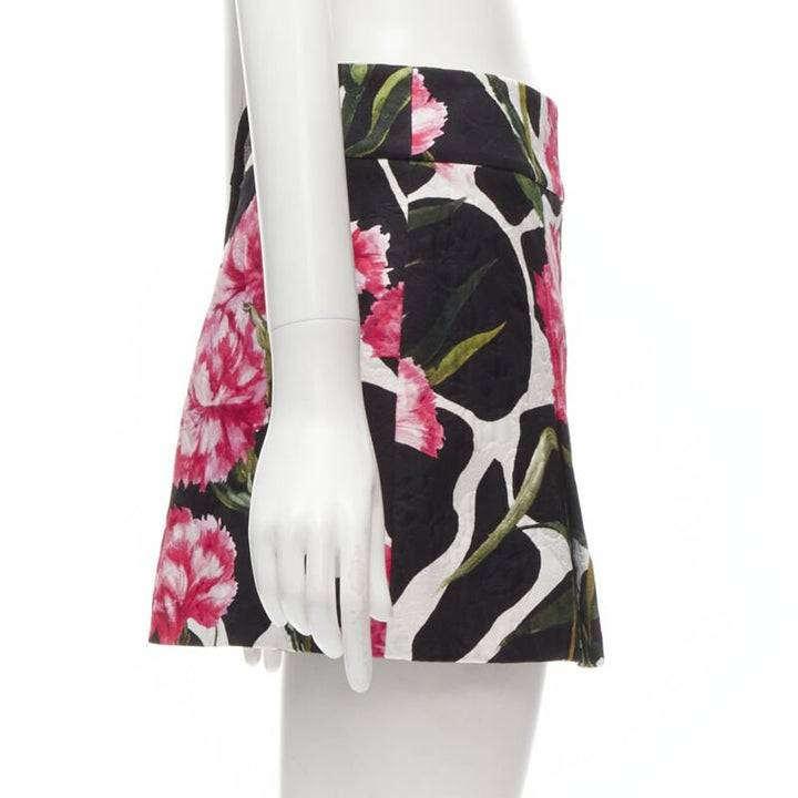 DOLCE GABBANA black pink carnation floral print jacquard mini skirt IT38 XS